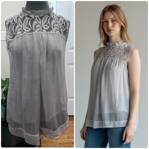 H Trend Ruffle Neck Lace Detail Silk Shell Fully Lined Blouse Size XS Coquette